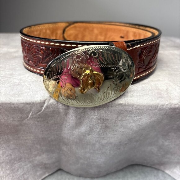 Size 28 Tony Lama Western Tooled Leather Belt w/ Silver & Gold Horse Buckle - Picture 10 of 12